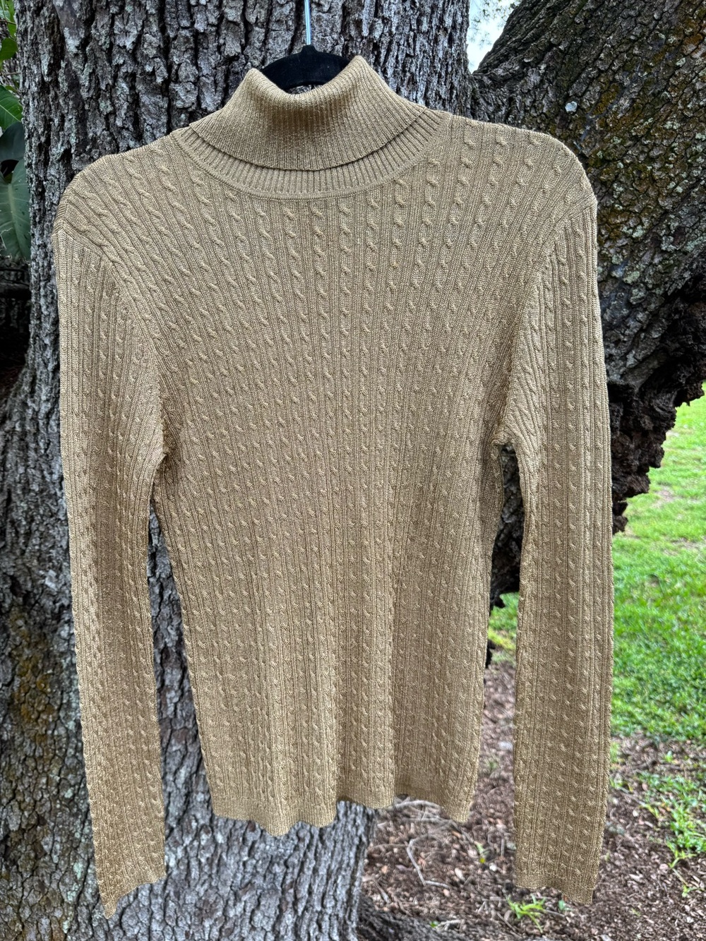 Vintage 90s Ralph Lauren Gold Metallic Cable-Knit Turtleneck Sweater.Size M